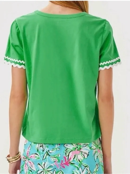 Lilly Pulitzer Bright Green Clairmont Top with White Ric Rac Trimmed Sleeves - Picture 3 of 6